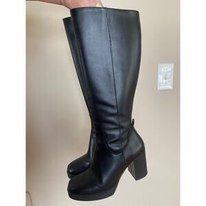 Avellini Made in Spain Black Leather Knee High Boots Zip Block Heel 37/ US 7